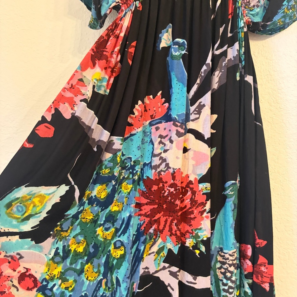 World Market Maxi Kaftan Dress S/M Boho Peacock Floral Coverup Resort Vacation - Picture 3 of 10